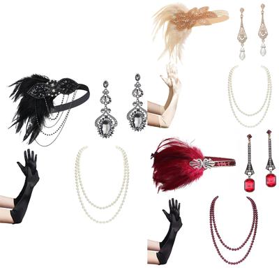 Vintage Flapper kostým 1920s Dámsky GreatGatsby pokrývka hlavy Saténové rukavice Náušnice Náhrdelník Plesová párty doplnky Set