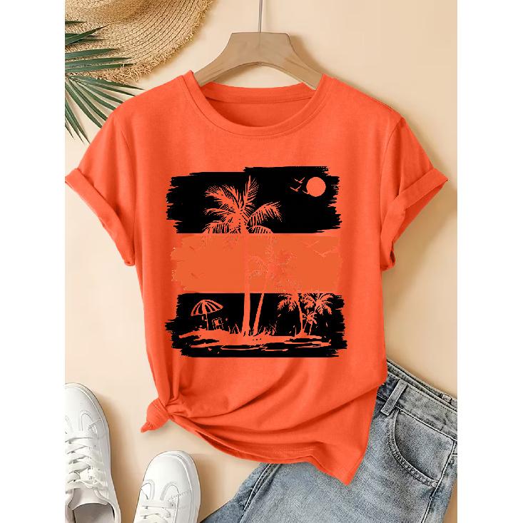 Vintage beach print short-sleeve retro round neck T Fresh and natural style loose-fitting shirt 2026 Elegant spring and summer party fashion S