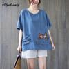 Korean Style Plus Size Summer Women Ramie Top O Neck White Black Blue Casual Loose T-Shirt Cartoon Embroidery Oversized Ladies' Tee