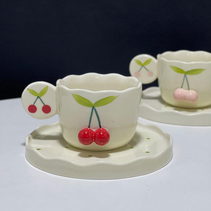 Japanese Hand-Painted Three-Dimensional Cherry Ceramic Cup And Saucer Cute Creative Home Coffee Cup And Saucer Set Personalized Birthday Gift