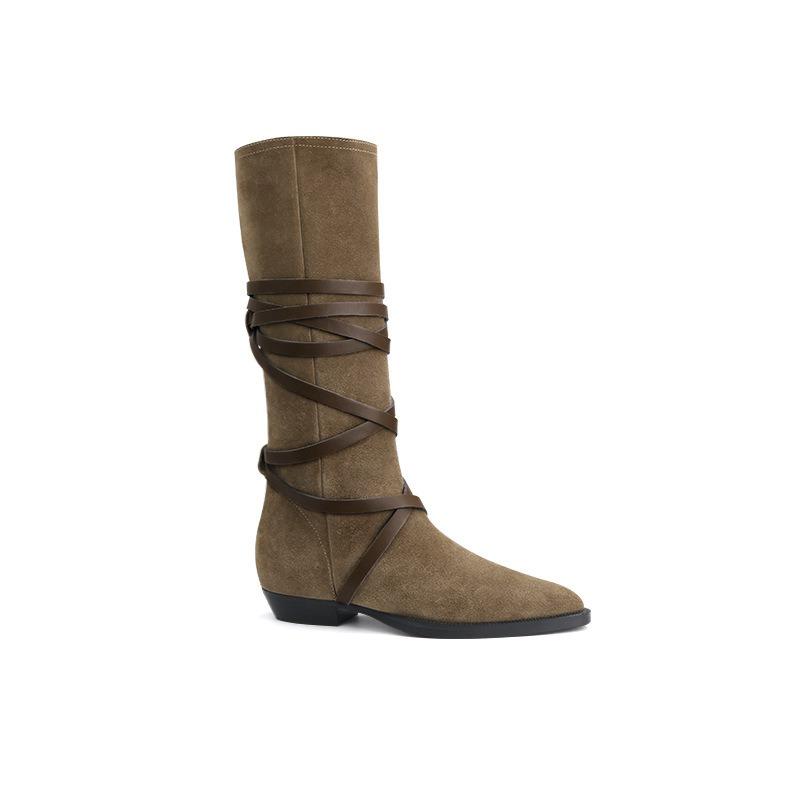 Sheepskin~ Leather Pointed Pile Boots Women's Western Cowboy Boots Vintage Strap Mid-Tall Knight Boots