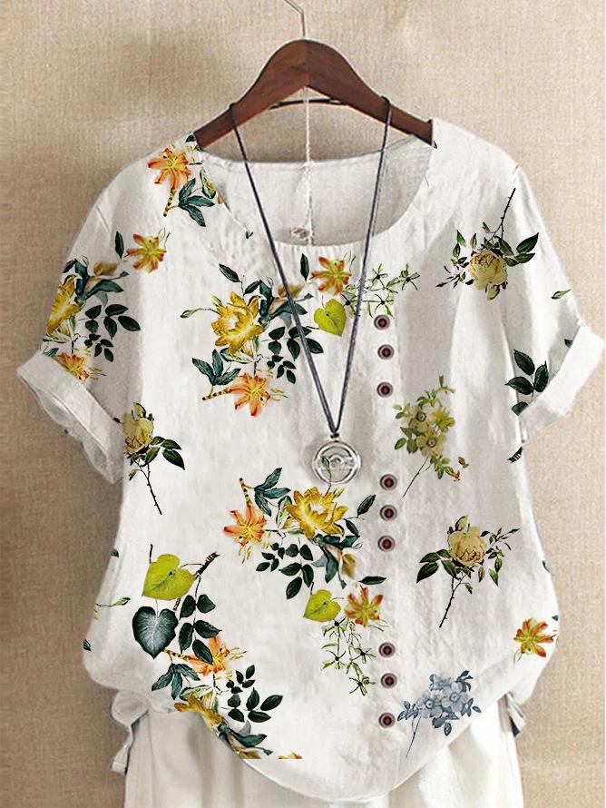 

Women s 2026 Summer Retro Faux Cotton Linen Print Loose Casual Short Sleeve T-Shirt 3XL