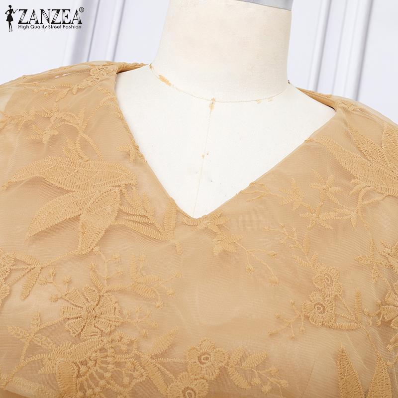 ZANZEA Elegant Women V Neck Short Sleeve Lace Patchwork Smooth A-line Dress Nonelastic