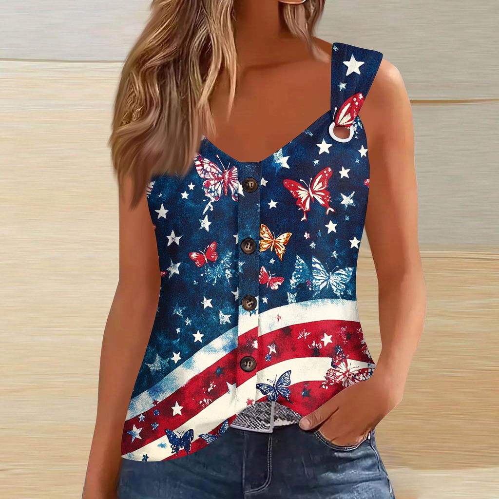 Women's Fashion Casual Loose Sleeveless Buttoned V-Neck Independence Day Printed T-Shirt Top