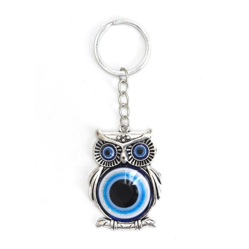 Lucky Eye Alloy Fatima Hand Elephant Owl Tree of Life Keychain Blue Turkish Evil Eye Key Chain Car Keyring for Women Men Jewelry