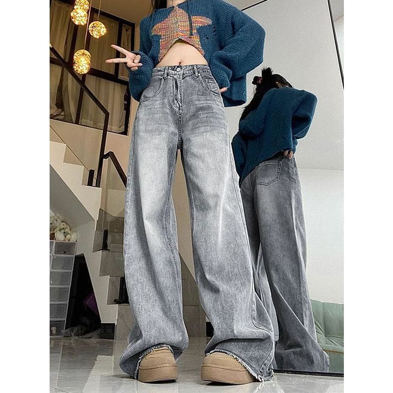 Washed Light Gray Retro American Wide Leg Denim Women's Small High Waist Loose and Slimming Burr Straight Pants