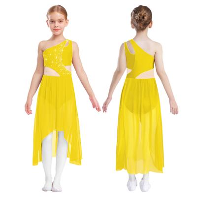 Mädchen Lyrical Tanzkostüm Glänzende Strasssteine Ein Schulter Ärmellos Cutout High Low Fließendes Netzkleid Tanzkleidung