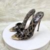 Sandales à talons aiguilles et bout pointu en métal pour femme, chaussures de soirée, 12 cm, imprimé léopard, pointure 46