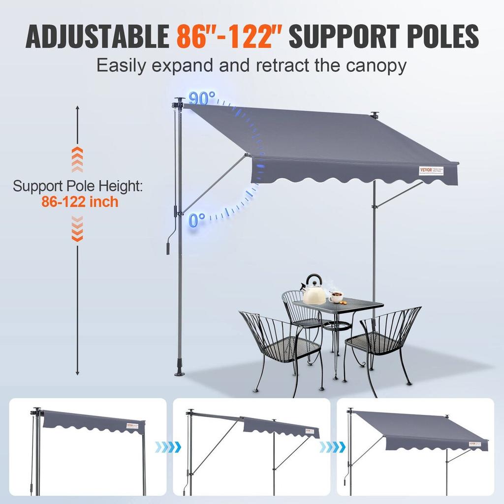 Manual Retractable Awning, 78" Outdoor Retractable Patio Awning Sunshade Shelter, Adjustable Patio Door Window Awning Canopy with 39" Sun Shade