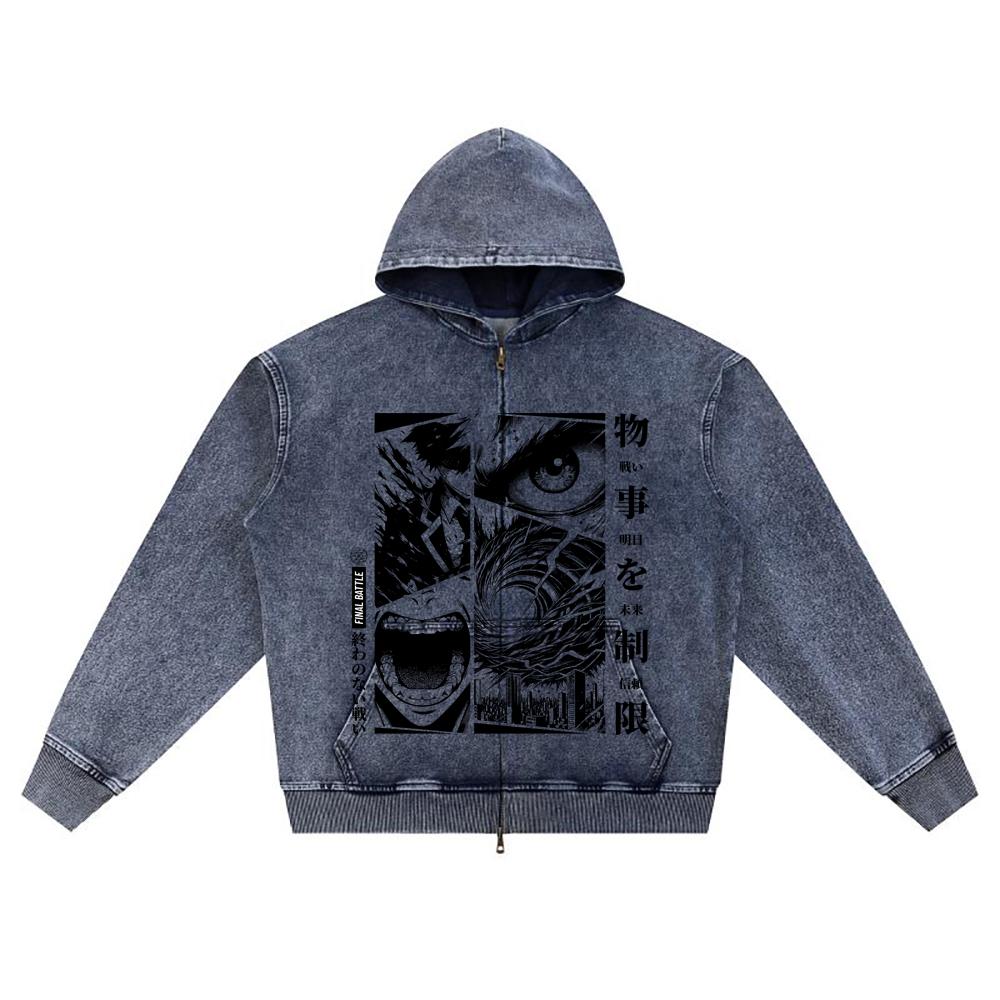 

DTG print Knitted Denim Zip-Up Hoodie Final Battle Brother Print Zipper Hoodies XL темно-синий