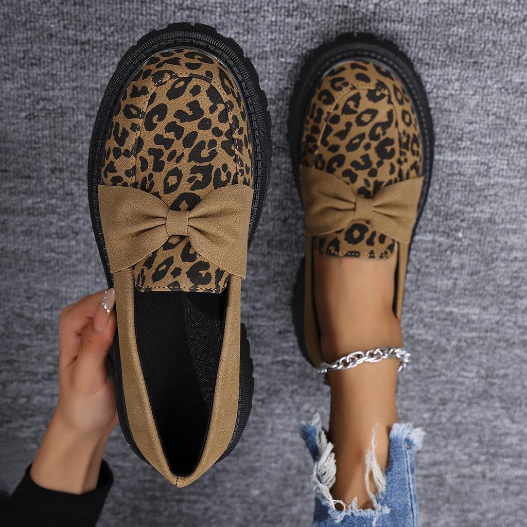 Leopard Print Single Shoes Women'S Autumn Retro Versatile Deep Mouth Lace-Up Thick Sole Large Size Loafers Women