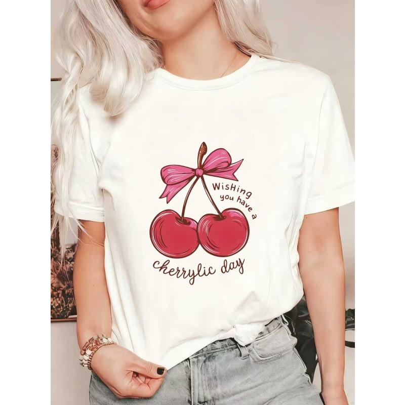 

Oversize Women s Short-Sleeve T-Shirt with Pink Bow Red Cherry and Wishing you have a cherrylic day Text Print XXXXL белый