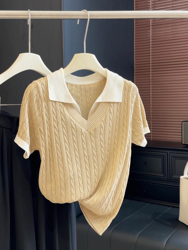 Women's Collar Short Sleeve Knit Top Regular Fit Japanese Korean Casual Cable Knit Sweater Knit Shirt