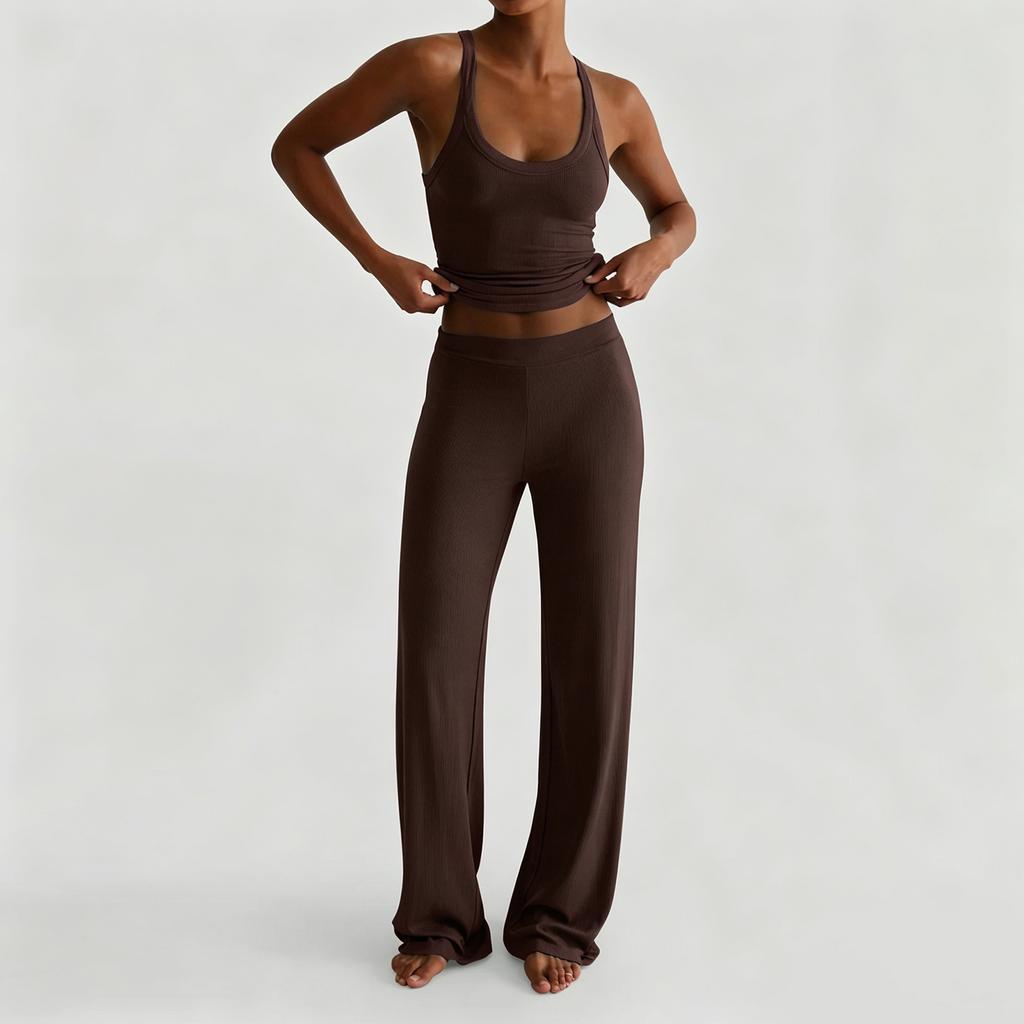 Women's Solid Color Sports Yoga Tank Top and Wide Leg Pants Two Piece Set Stretchy Comfortable Fit