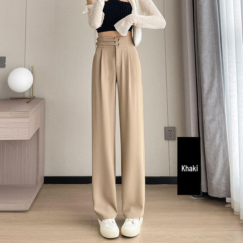 Khaki Women's High Waist Wide Leg Ice Silk Pants - Slim Fit, Floor Length, Casual Suit Style