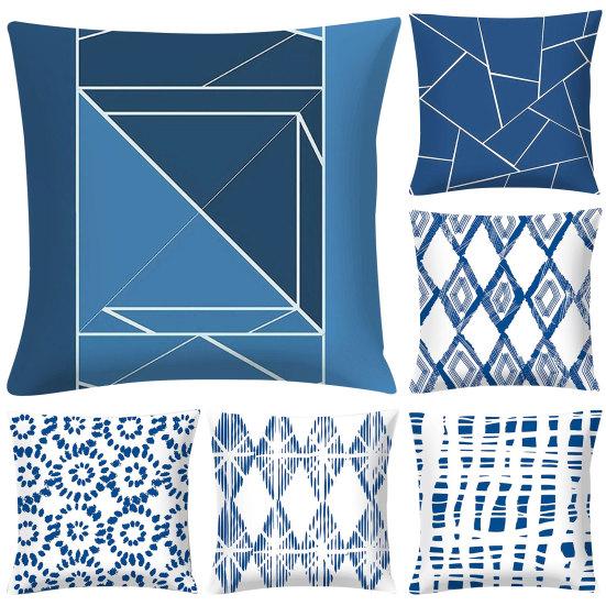 Blue Geometric Printed Throw Square Pillow Cover Sofa Chair Cushion Pillowcase