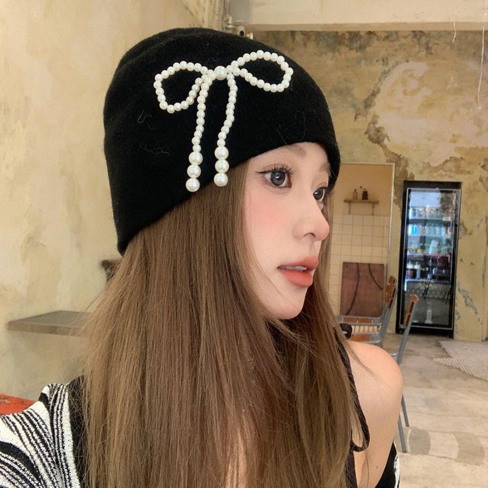 Ear Protector Pearl Bow Beanies Cap Solid Color Korean Wool Hat Stacking Knitted Bonnet Cap  Girls
