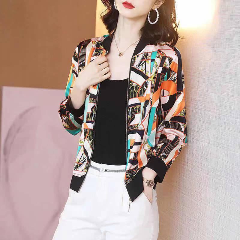 

Korean Style Chiffon Printed Summer Baseball Cardigan for Middle-aged and Elderly Women - Elegant Sun Protection Short Coat 5XL