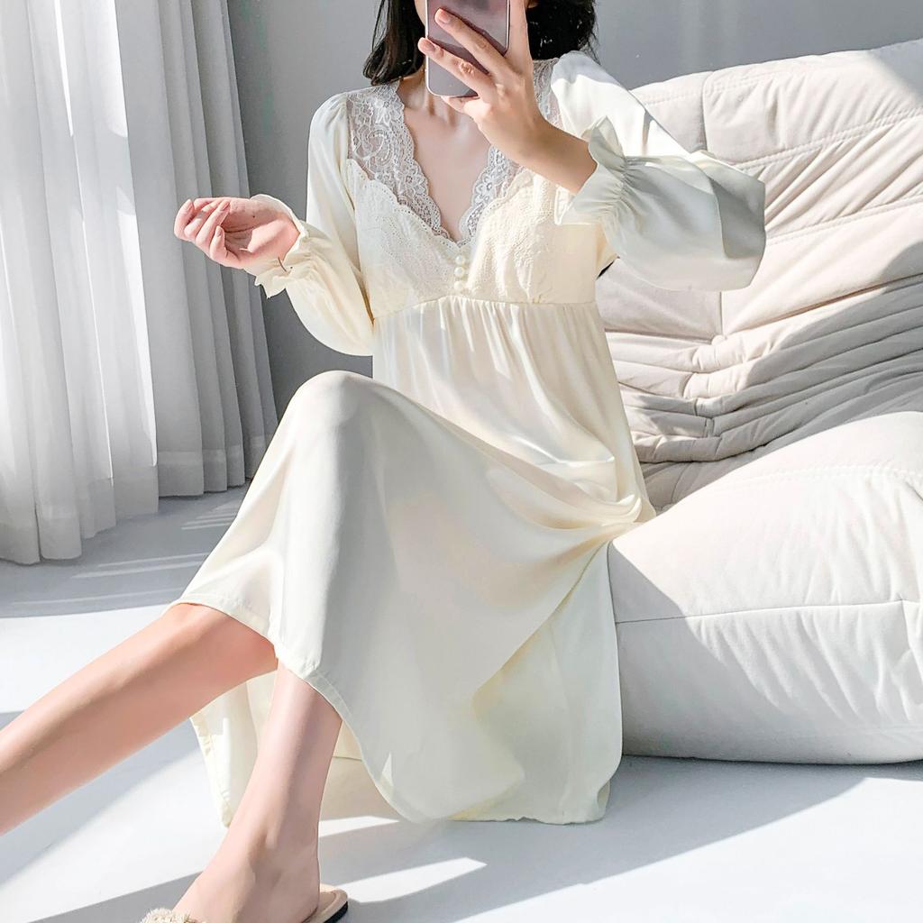 Spring and Autumn New Nightgown Women's Long-sleeved Splicing Home Loose Large Size Can Be Worn Outside Lazy Style Dress Pajamas Women
