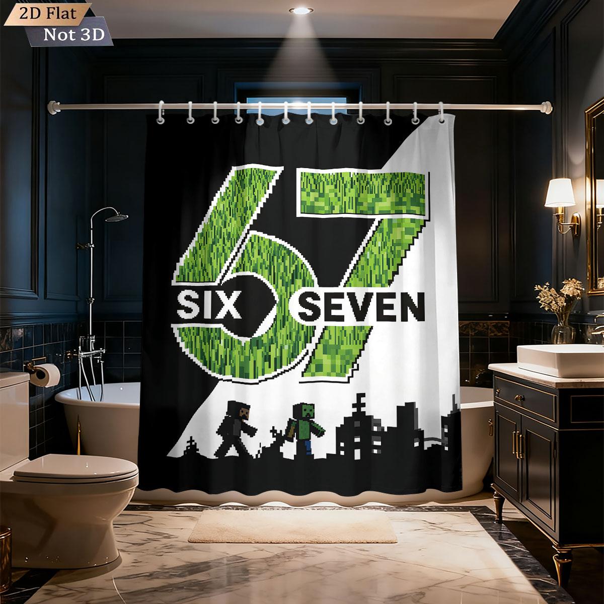 

1Pc Pixel Building Block Style 67 Print Waterproof Shower Curtain Partition Privacy Hanging Curtain 12 Hooks Various Sizes W60H190(CM)-1 Pcs