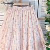 Prairie Chic Spring Summer Women Pink Skirt High Waist Floral Embroidery Sweet Skirt Mori Girl Elegant Delicate Midi A-Line Skirt