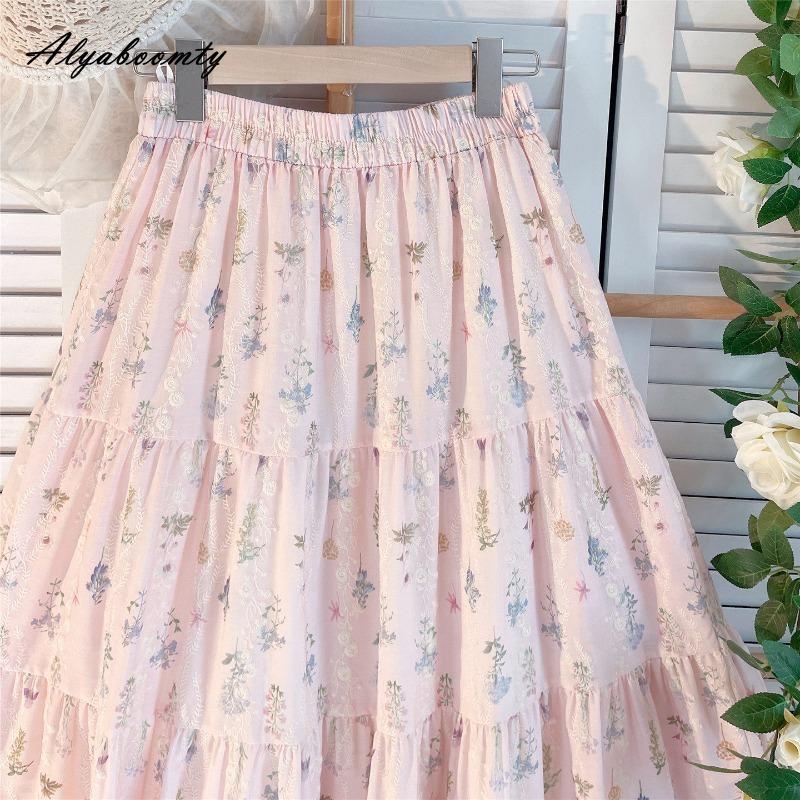 Prairie Chic Spring Summer Women Pink Skirt High Waist Floral Embroidery Sweet Skirt Mori Girl Elegant Delicate Midi A-Line Skirt