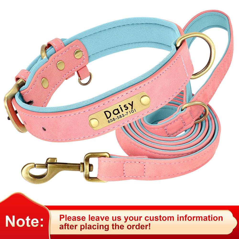 Personalized Dog Collar Leash PU Leather Dogs Collars Pet Rope Engraved Pet ID Name Necklace for Small Large Dogs Soft Padded