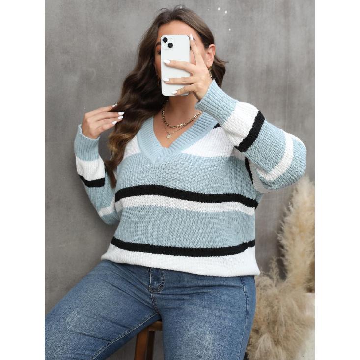 

Women s Pullover Sweater Autumn Winter New V-neck Color Block Fashion Sweater 1XL світло-синій колір