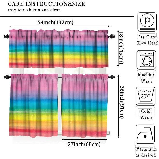 

Colorful Rainbow Valance, Modern Ombre Rainbow Cartoon Watercolor Valance for Kitchen Living Room Bedroom Nursery Valance 54x36 Inch, 3 Piece