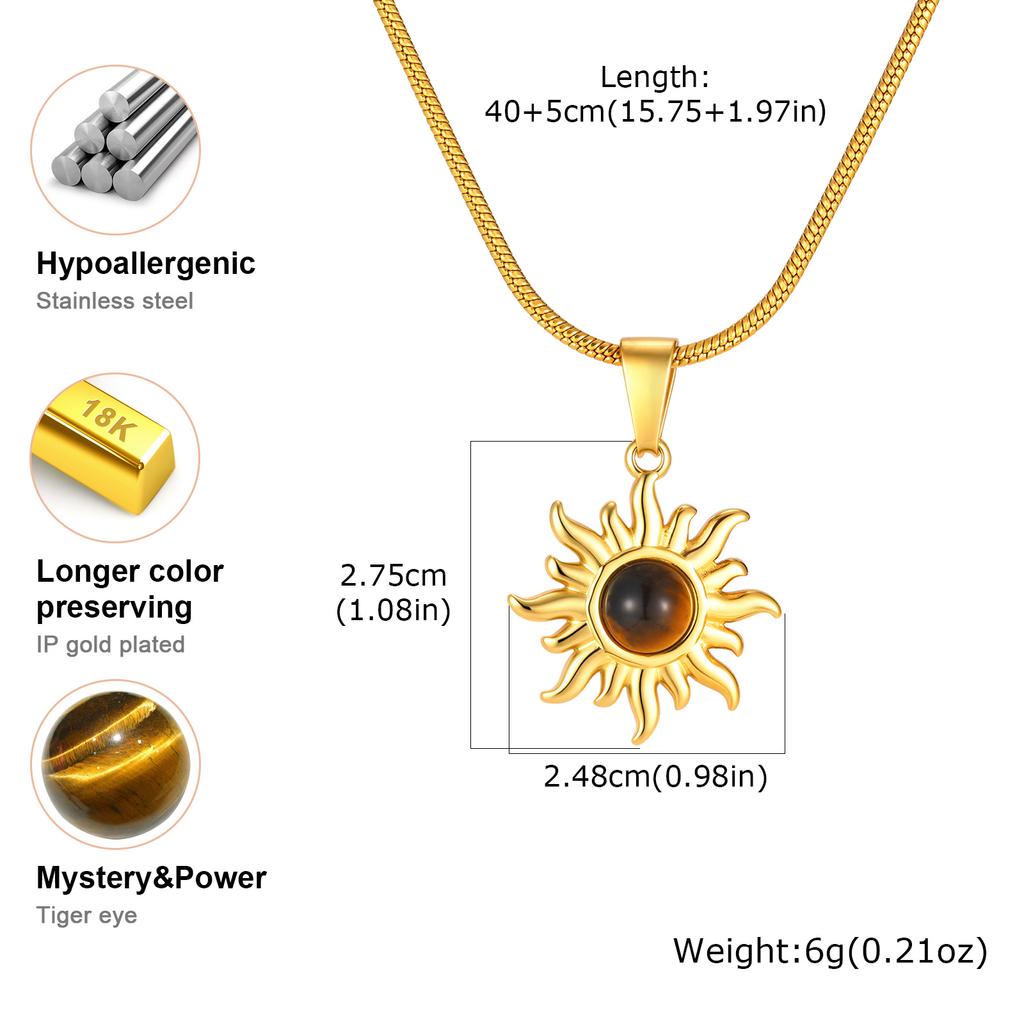 Tiger's Eye Sun Pendant Stainless Steel Necklace for Women Natural Stone Snake Chain Necklaces Fashion Jewelry Gift