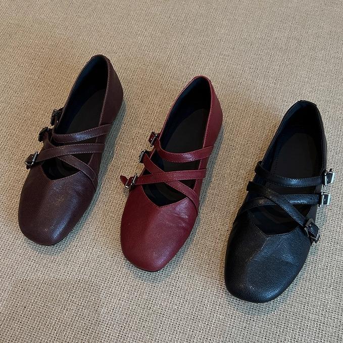 Sheepskin version~ French cross-strapped red Mary Jane shoes flat single shoes women's shallow mouth evening wind fairy ballet shoes