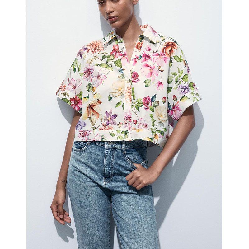 Summer New Product Women's Clothes Lapel Short Sleeve Dignified Flowers Print Poplin Cotton Short Shirt 3652340