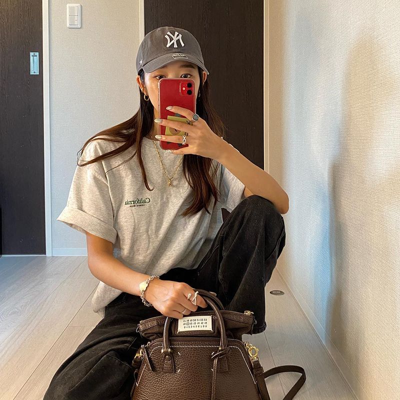 California American vintage Sports Style Oatmeal Gray Fashionable Basic Versatile T-shirt Women