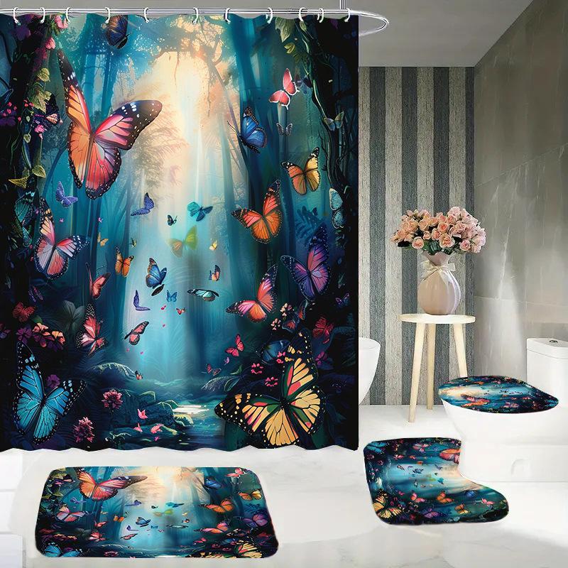 Butterfly Trees, Flowers And Plants, Digital Printing, Shower Curtain, Bathroom Four-Piece Set With Hooks