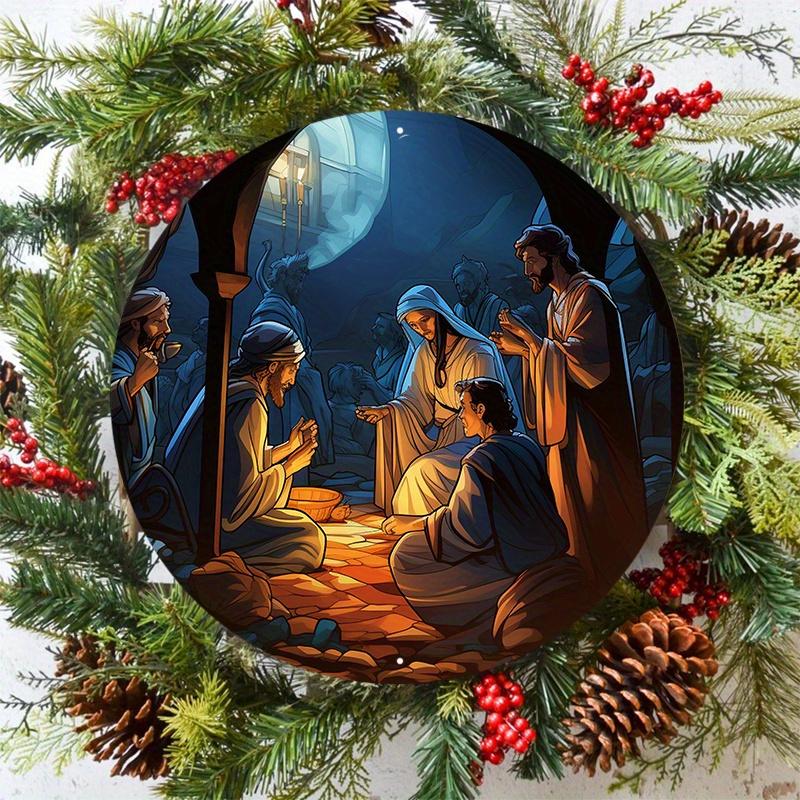 Wooden Festive Nativity Scene Sign, Circular Mark, Suitable for Living Room, Wall, Home Decoration, 8x8 Inch, 1Pc