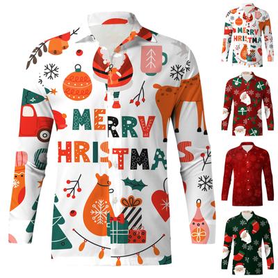 Men's Christmas Shirts Long Sleeve Floral Printed Button Up Tops Funny Cute  Graphic Dress Shirt