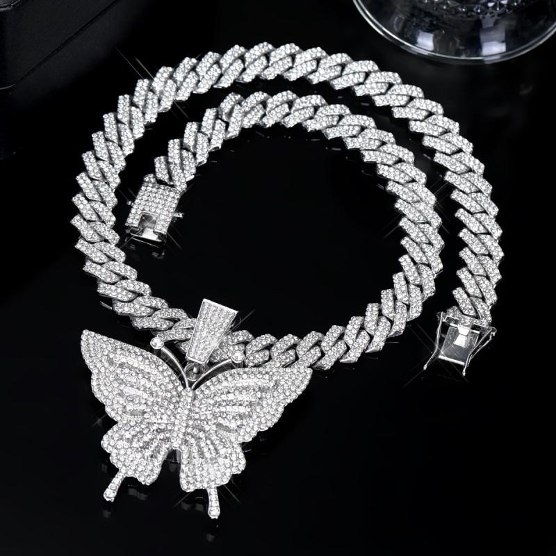 Collier Pendentif Papillon Style Hip Hop Chaîne Cubaine en Alliage Bijoux de Mode Unisexe Tenue de Soirée