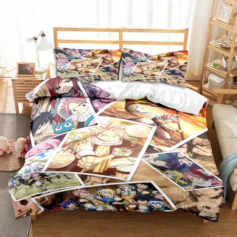 3D Anime Fairy Tail Bedding Set Bed Three-piece Set Duvet Cover Single Double Bed Queen Size Duvet Cover Set Adult Kid's Bedroom Tool
