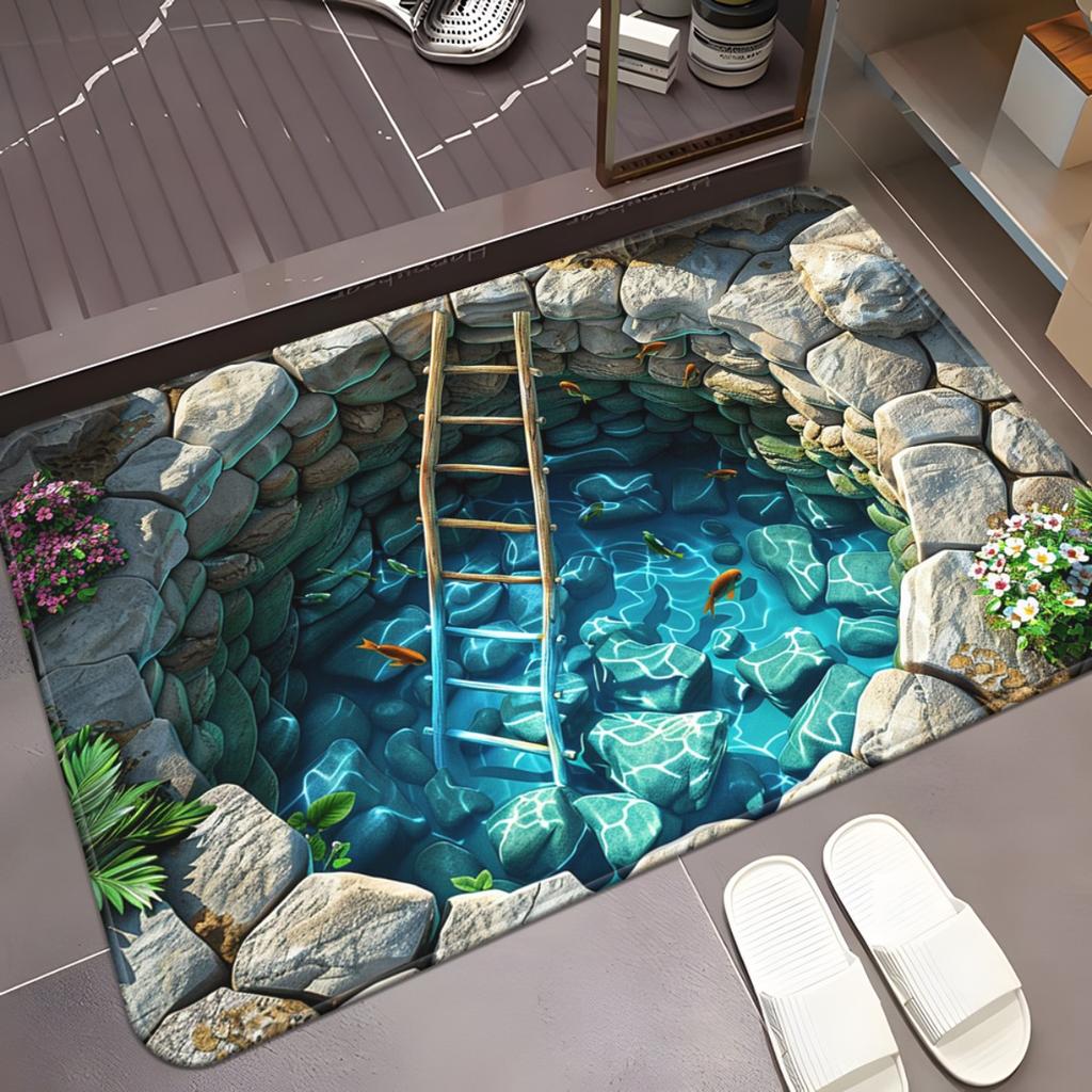 3D Fish Pond Rug for Relaxing Spaces | Stone Pathway Carpet with Ladder Design | Zen Garden Decor Skid resistant carpet