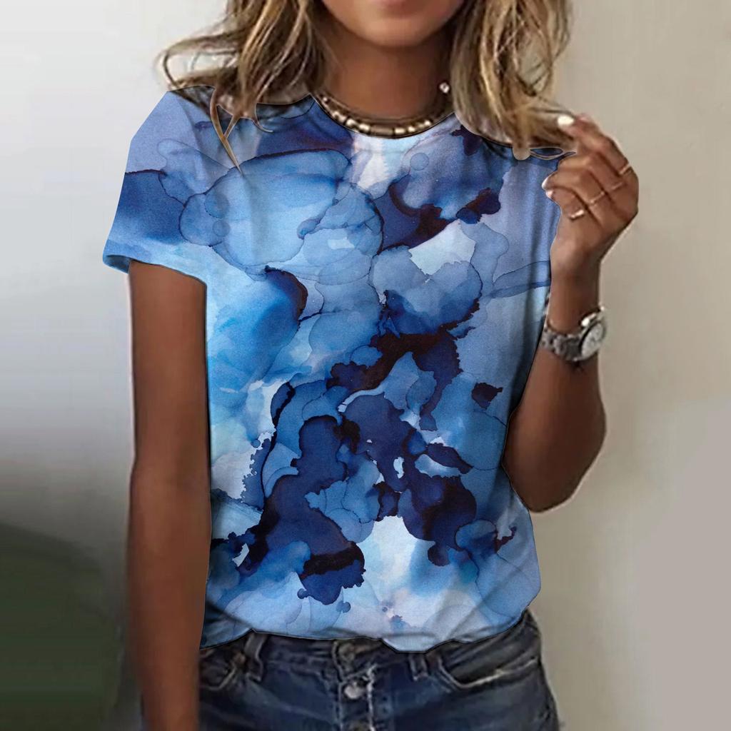 Summer Printed Digital Floral Multi-color Gradient 3D Short Sleeved Women's Round Neck T-shirt