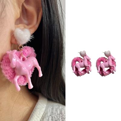 Pink Heart Ponies Ear Clips/Ear Studs for Women and Girls Horse Drop Earrings Candy Color Ear Jewelry for Women Girls