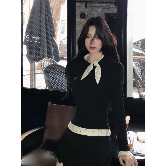 Plush Korean Bow Polka Dot Two-Piece Long Sleeve Women s Slimming Autumn T-shirt Medium