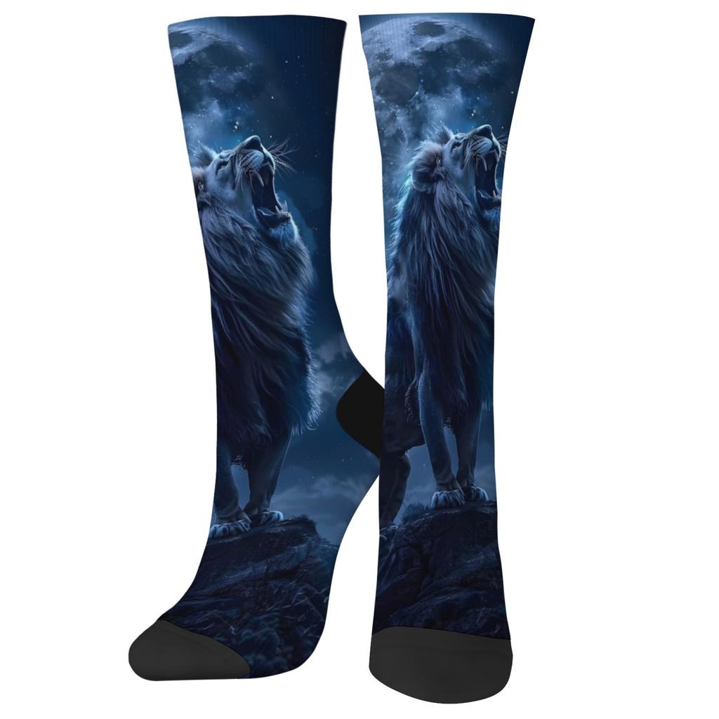 A pair of Dark Night Lion King trendy socks, soft and comfortable, unisex retro style compression socks, casual party gifts