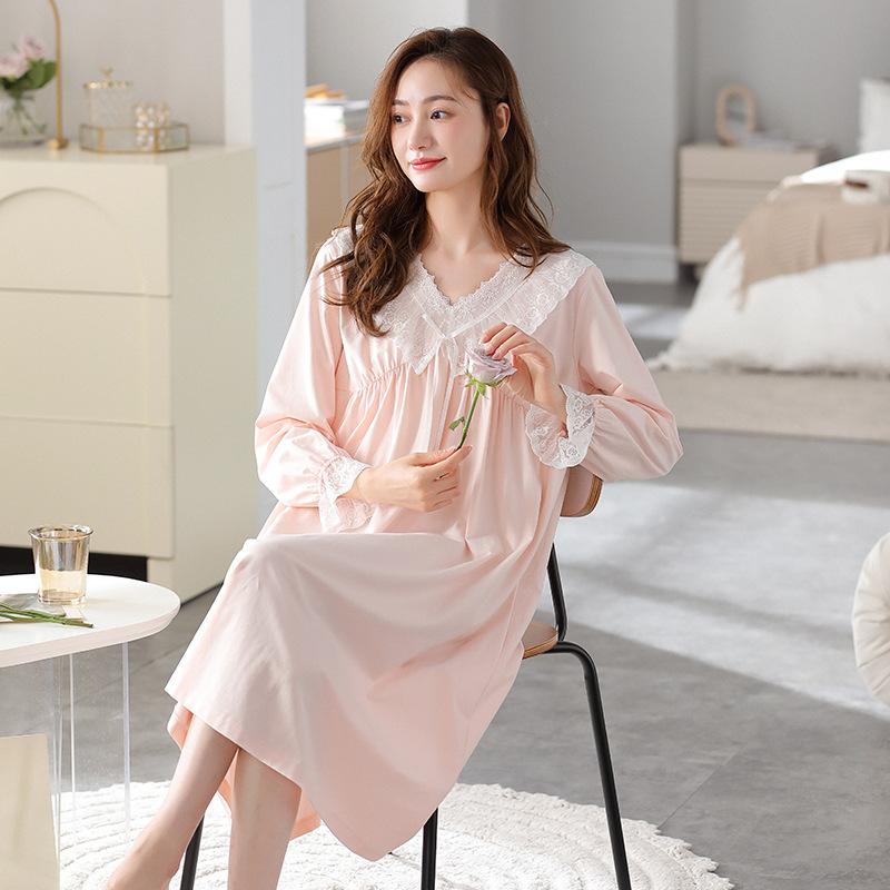 Nightgown Women'S Spring And Autumn Pure Cotton Long-Sleeved Court Style Long Knee Loungewear Autumn Cotton Princess Style Loungewear