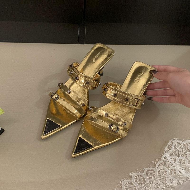 Fashion New 2025 Fashion Rivet Women Pumps Heels Shoes Female Slip On Footwear Pointed Toe Ladies High Heels Slides Sandals Shoes