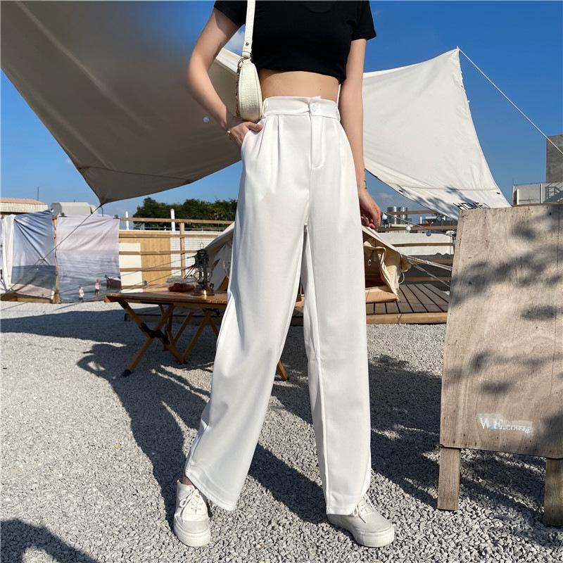 Damen High-Waist Weiße Sommerhose mit weitem Bein - Schlankmachend, Drapierend, Gerade und Locker.