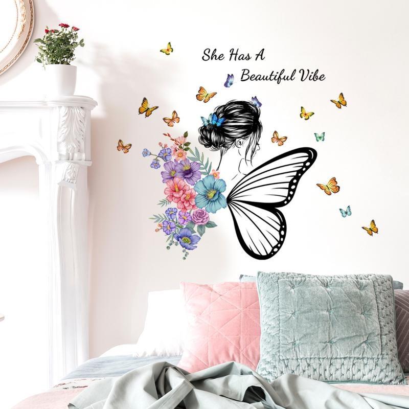 Wall Sticker Butterfly English Slogan Girl Flower Wall Sticker Paper Living Room Decoration Self Adhesive