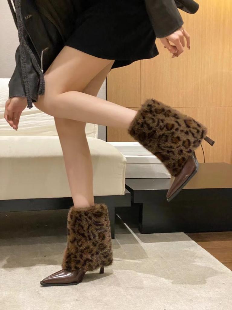 2025 winter new pointed fashion pants boots women's European and American plush stiletto short boots brown high-heeled short boots