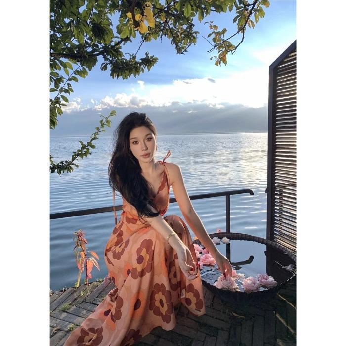 

French retro orange v-neck printed suspender dress for women s summer new seaside vacation super good-looking temperament dress XL помаранчевий