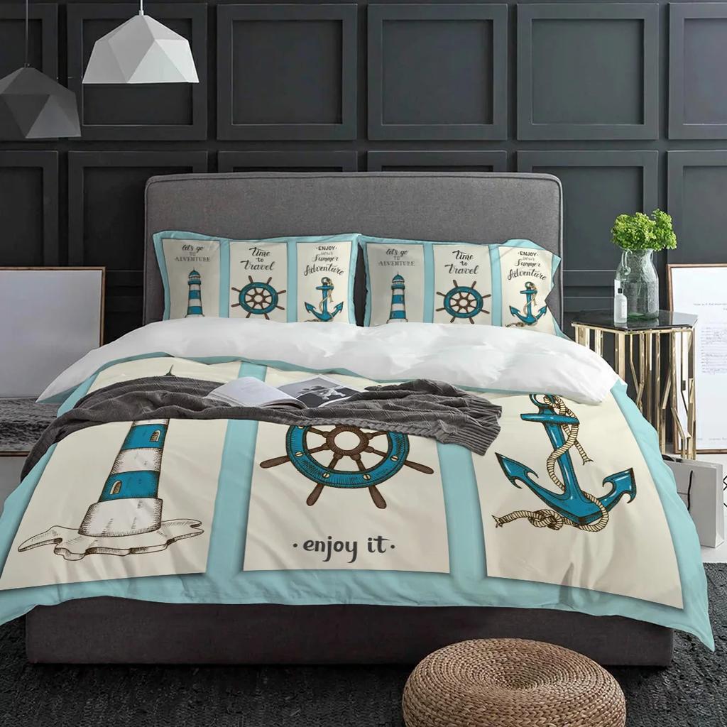 Lighthouse Anchor Rudder Nautical Bedding Set 3pcs Duvet Cover Pillowcase Kids Adult Quilt Cover Double Bed Set Home Textile